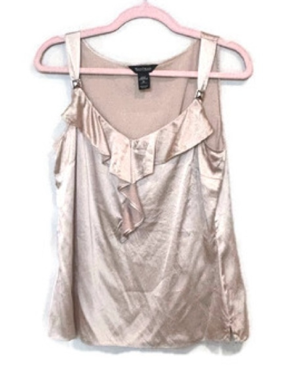 White House Black Market Silk Tan Beige  Ruffle-Front Blouse Medium